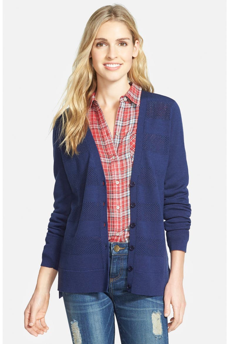 Lightweight V-Neck Cardigan, Main, color, NAVY POINTELLE STITCH