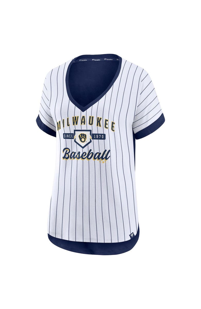 FANATICS Women's Fanatics Branded White/Navy Milwaukee Brewers Iconic Noise Factor Pinstripe V-Neck T-Shirt, Alternate, color,