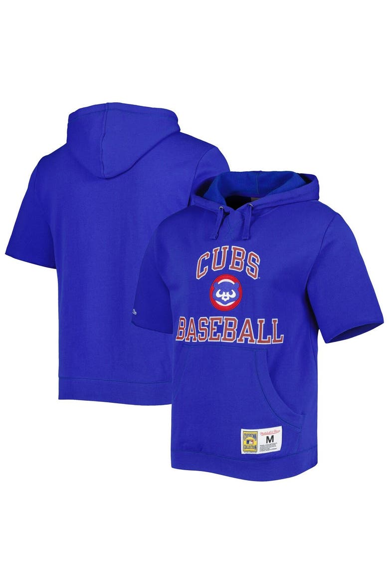 Men's Mitchell & Ness Royal Chicago Cubs Cooperstown Collection Washed Fleece Pullover Short Sleeve Hoodie, Main, color, Royal