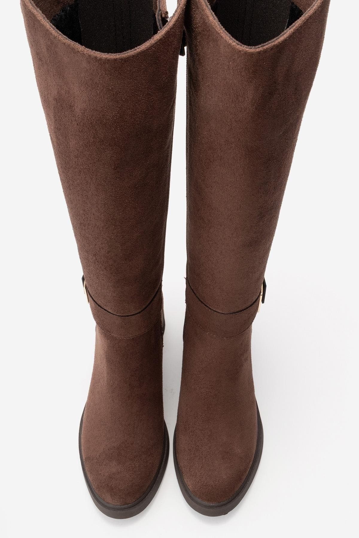 Moreni Stretch Buckle Block Heel Knee High Boot, Alternate, color, Brown Suede Faux Leather
