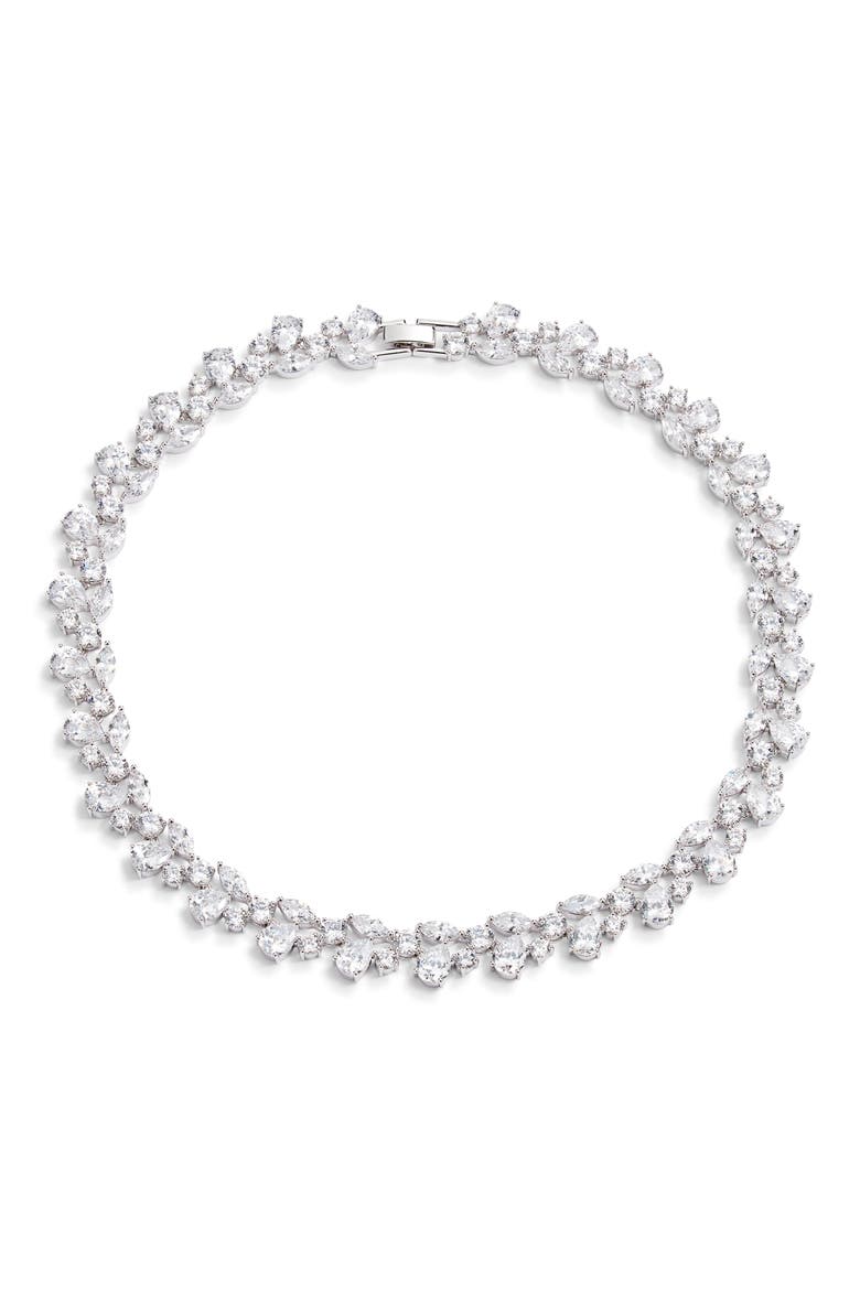 Cubic Zirconia Cluster Collar Necklace, Main, color, CLEAR- SILVER