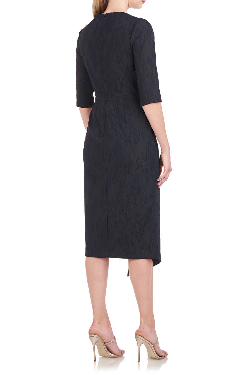 Kay Unger Gloria Asymmetric Floral Jacquard Drape Detail Cocktail Midi Dress, Alternate, color,