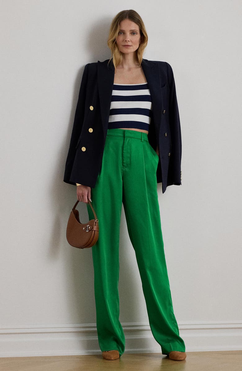 Lauren Ralph Lauren Luxe Twill Pleated Pants, Alternate, color, Stem Green