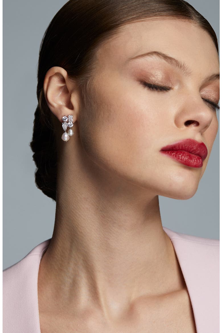 London Cultured Pearl Cluster Drop Earrings, Alternate, color, RHODIUM