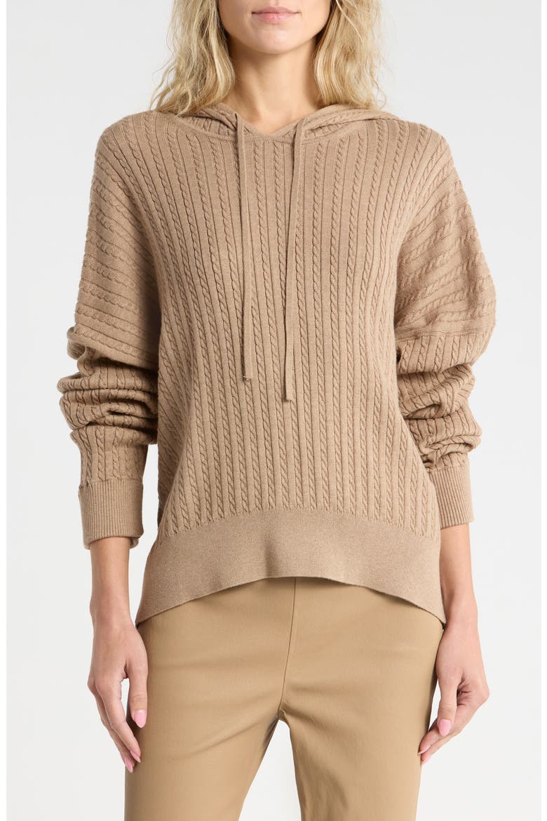 Cable Stitch Cotton & Cashmere Hoodie, Main, color, HEATHER TEAK