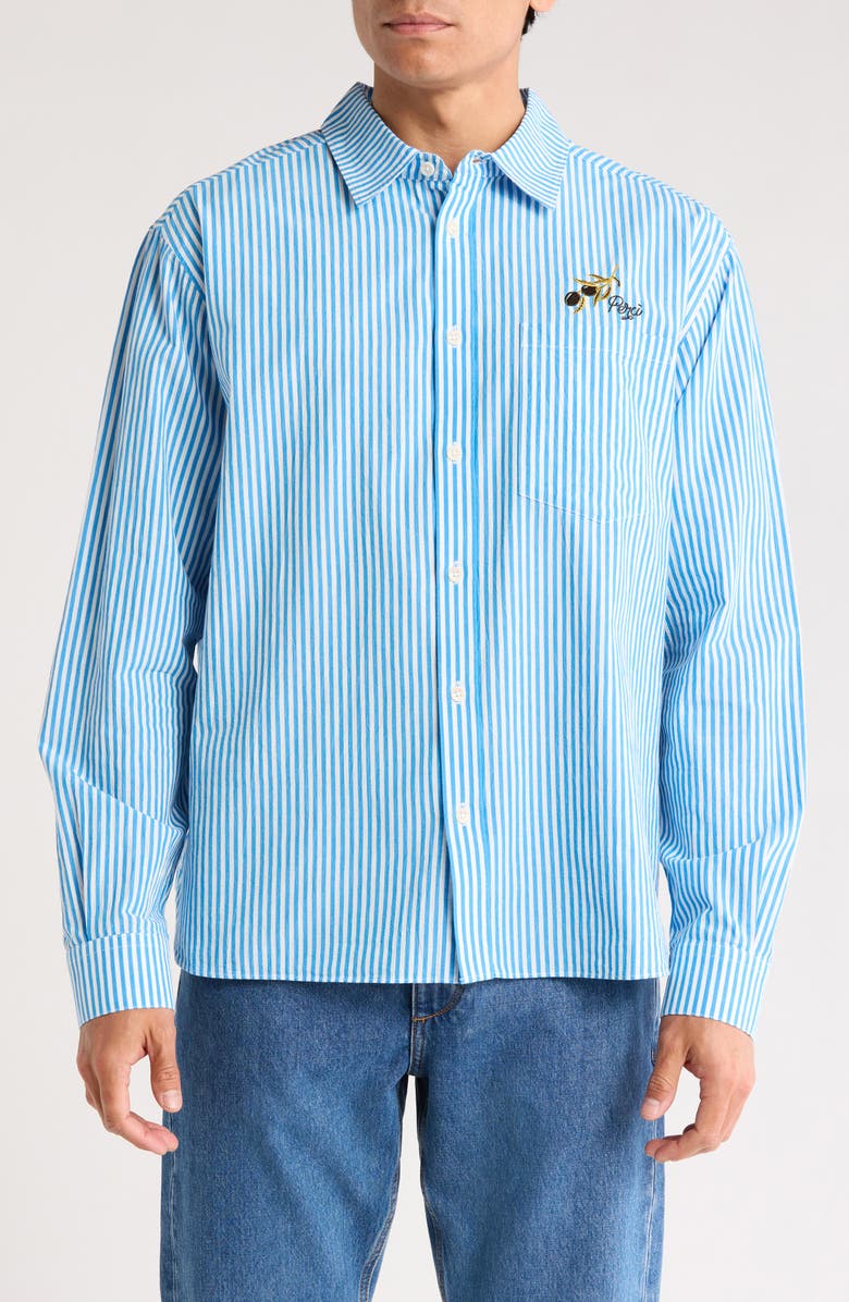 Percival Olive Embroidered Pinstripe Button-Up Shirt, Main, color, Blue