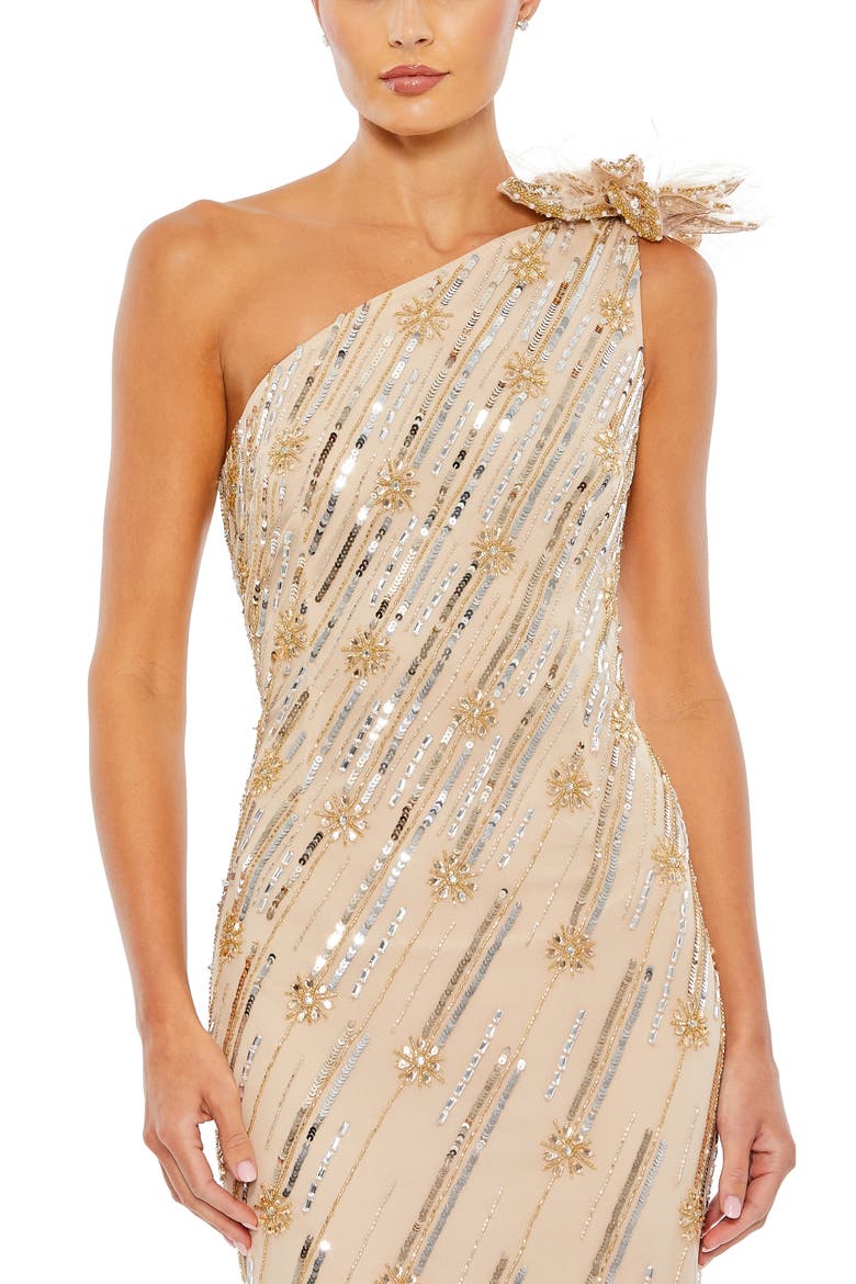 Embellished Floral Detail One Shoulder Gown, Alternate, color, NUDE GOLD