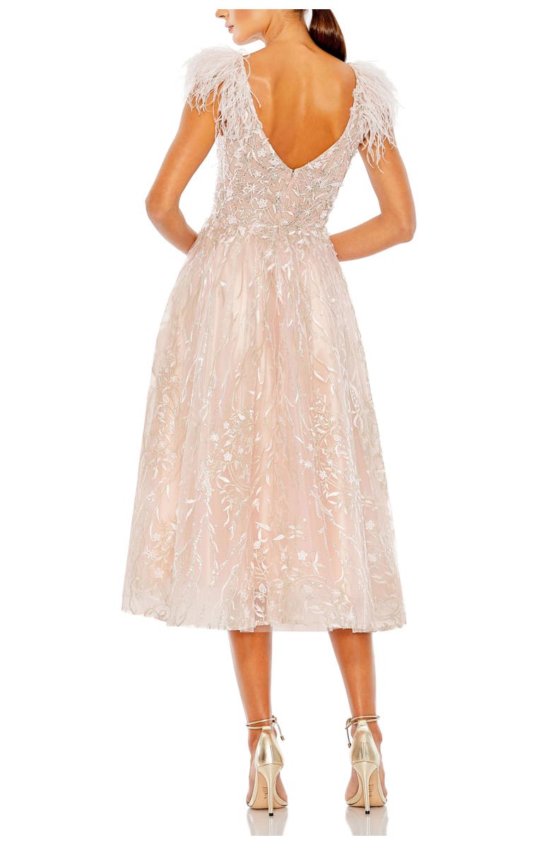 Mac Duggal Embroidered Sleeveless Feather Detail Midi Dress, Alternate, color, Pink