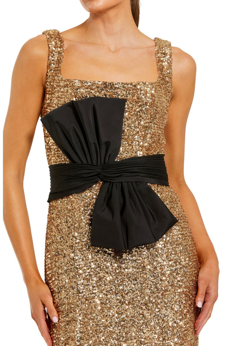 Sequin Scoop Neck Column Gown With Faille Bow, Alternate, color, Black Gold