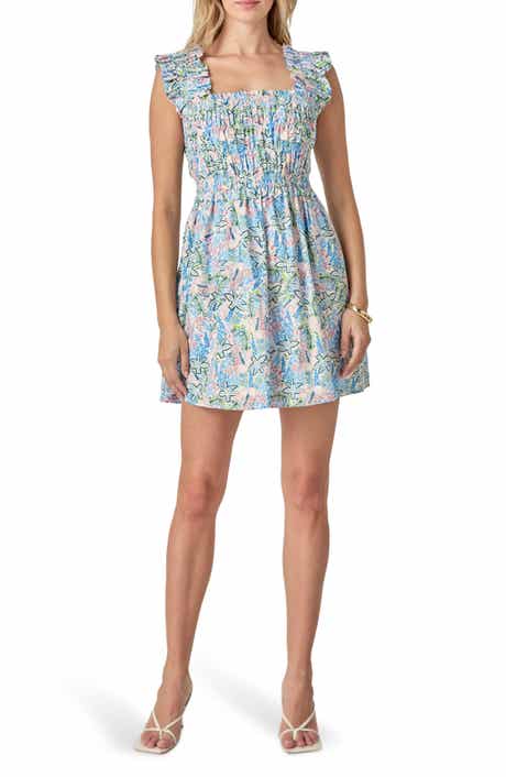 Floral Ruffle Strap Fit & Flare Cotton Minidress