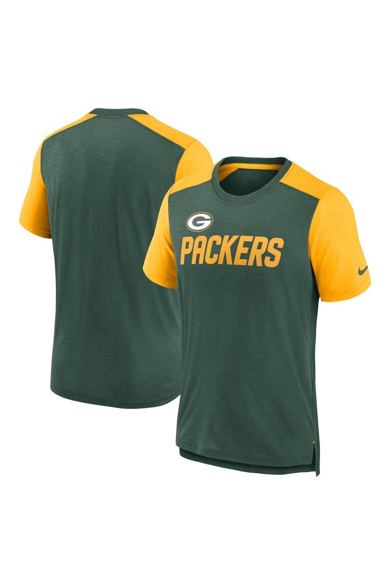 Men's Nike Heathered Green/Heathered Gold Green Bay Packers Color Block Team Name T-Shirt, Main, color, Heather Green