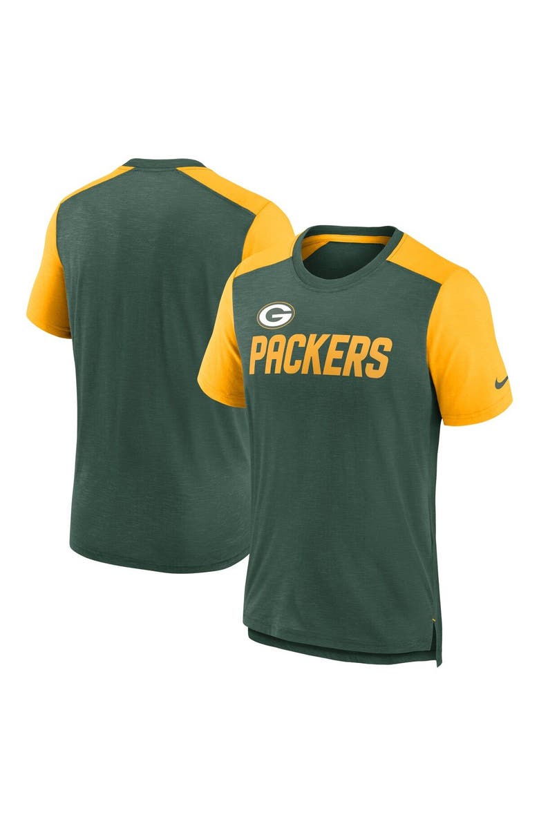 Nike Men's Nike Heathered Green/Heathered Gold Green Bay Packers Color Block Team Name T-Shirt, Main, color, Heather Green