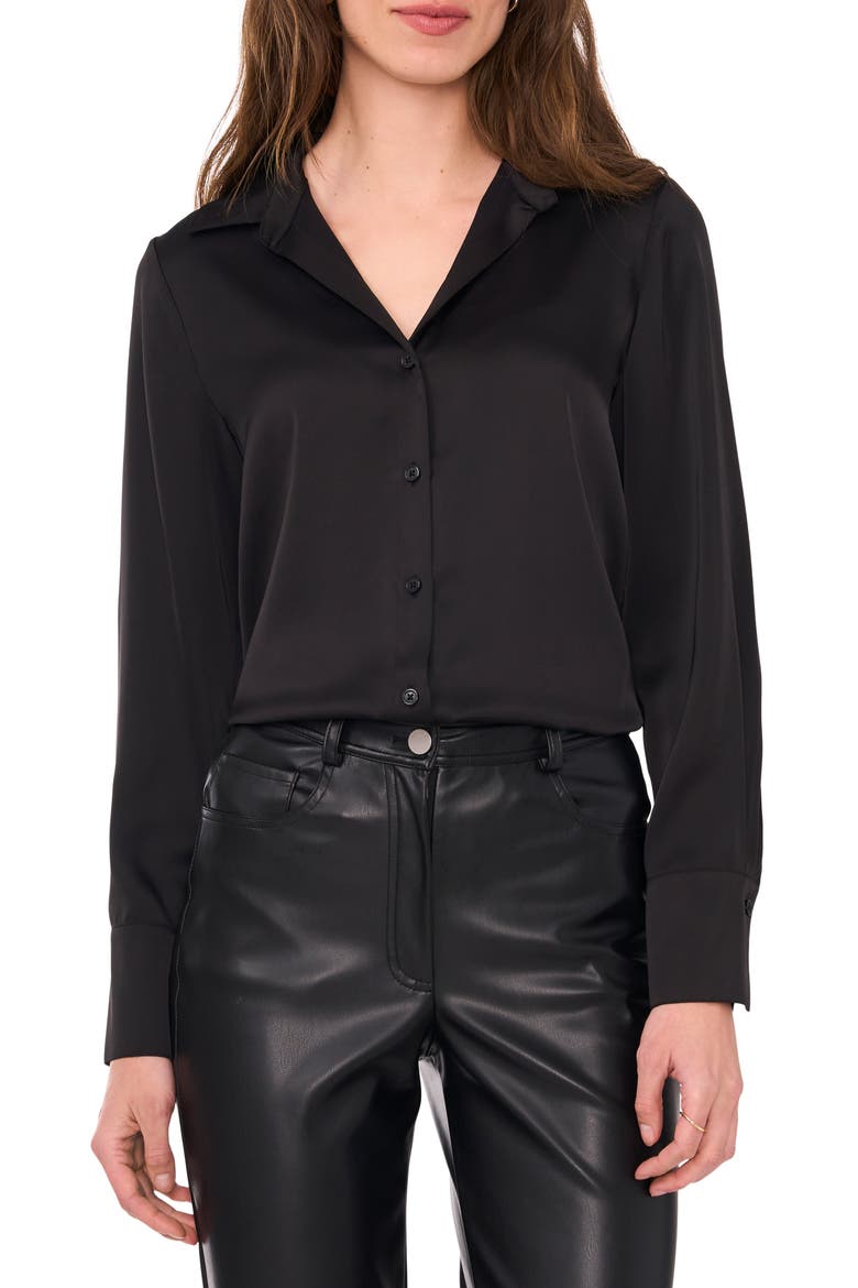Long Sleeve Satin Button-Up Shirt, Main, color, RICH BLACK 060