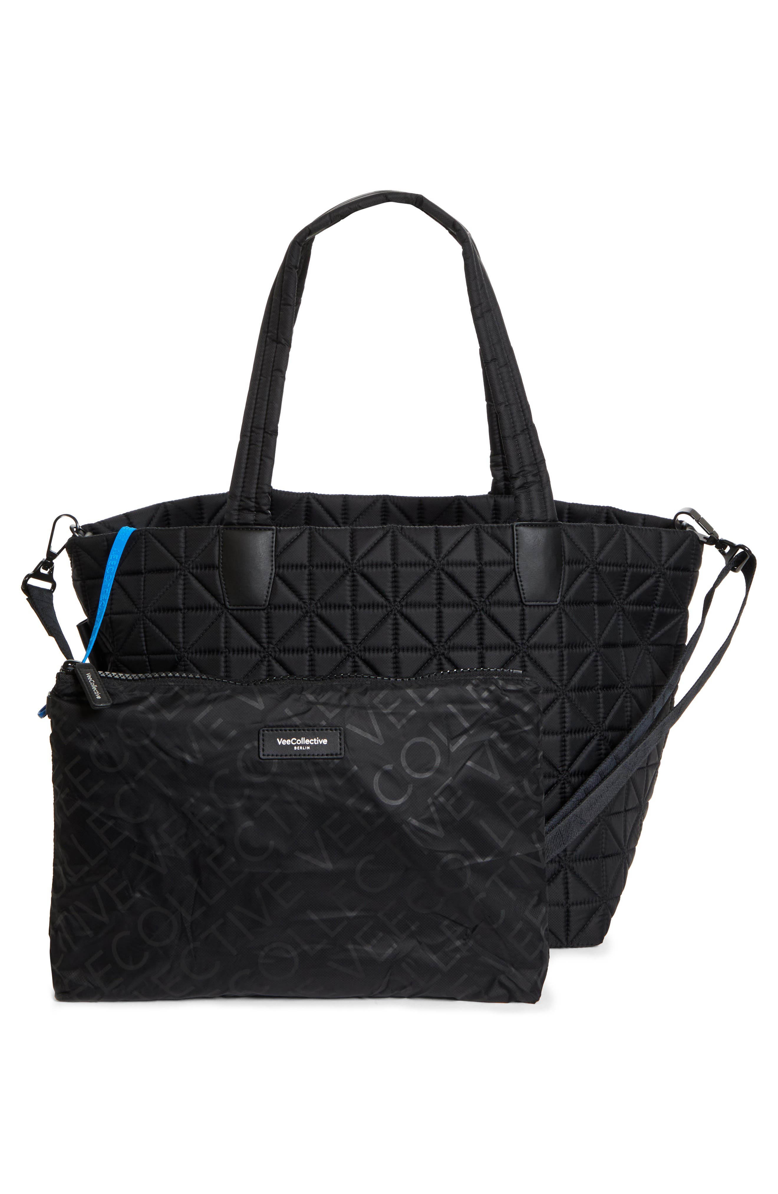 VeeCollective Medium Vee Quilted Recycled Nylon Tote, Alternate, color, Black