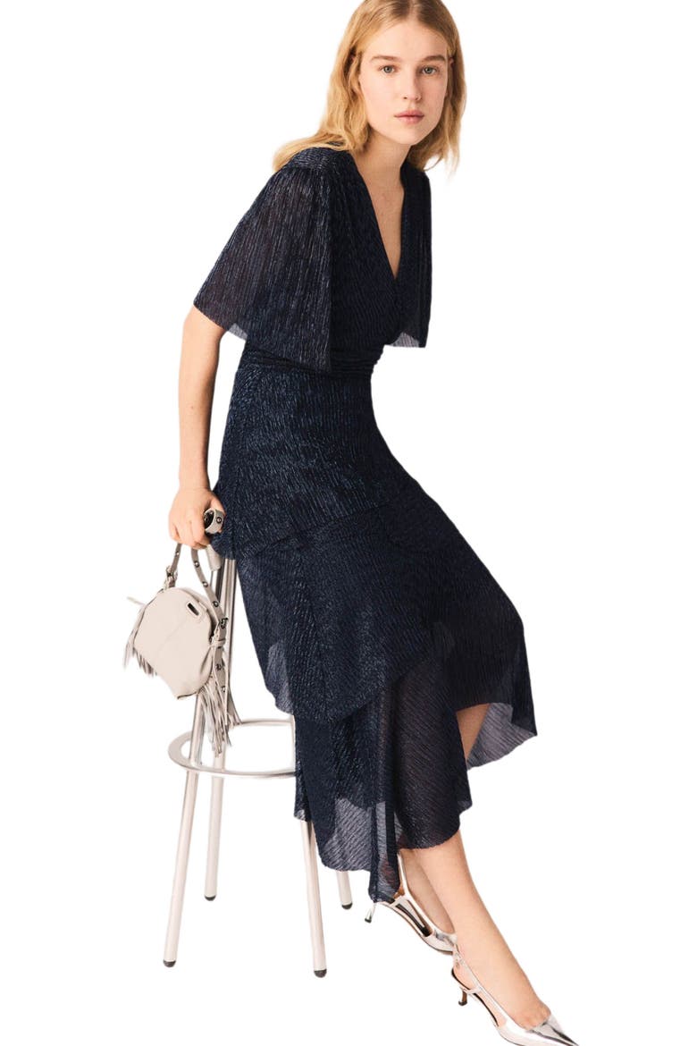 Metallic ruffled midi dress, Alternate, color, Navy