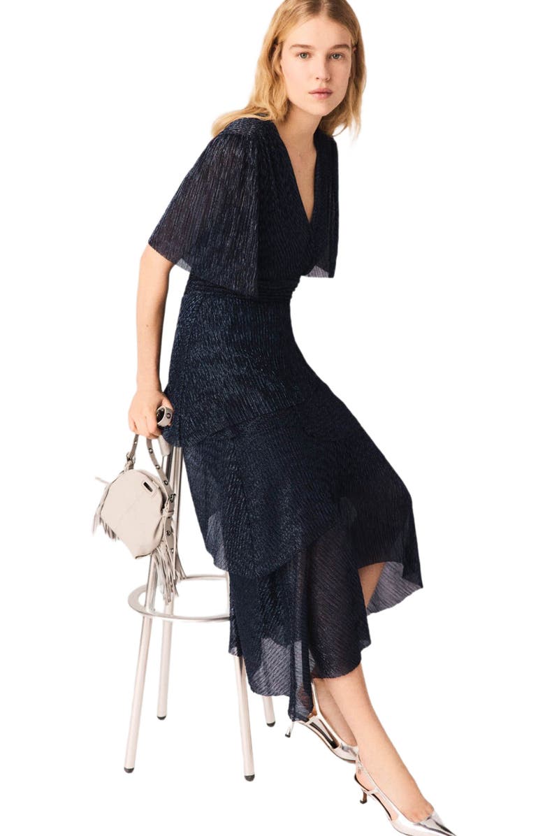 maje Metallic ruffled midi dress, Alternate, color, Navy