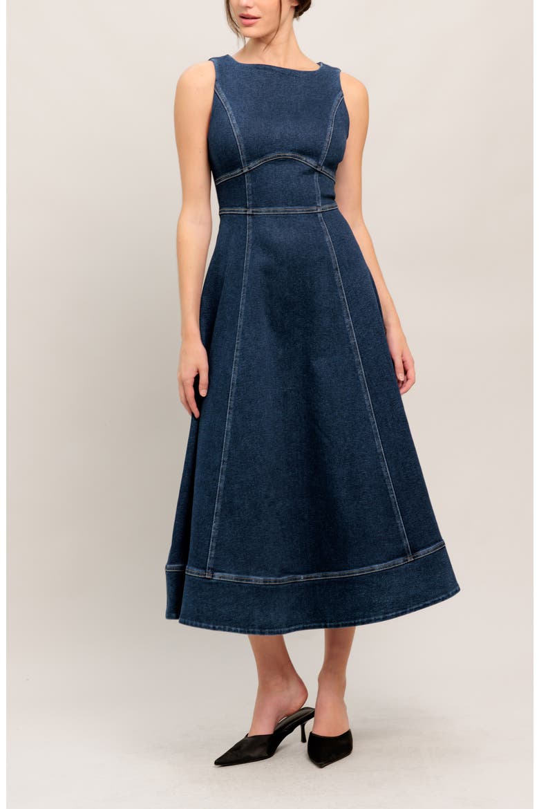 Sleeveless Stretch Denim Midi Dress, Alternate, color, MEDIUM INDIGO
