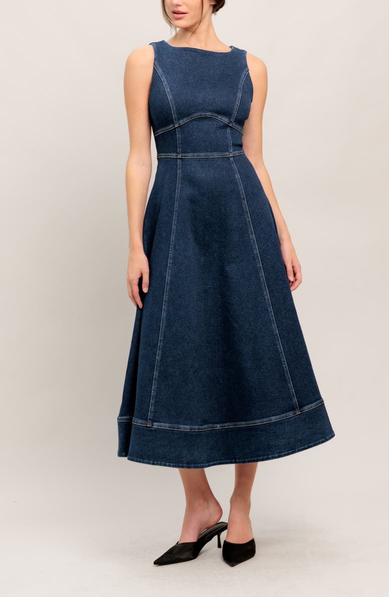 FLYING TOMATO Sleeveless Stretch Denim Midi Dress, Alternate, color, Medium Indigo