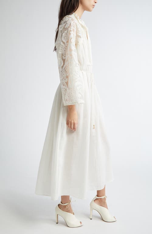 Zimmermann Ascension Lace Trim Tie Waist Midi Dress In White