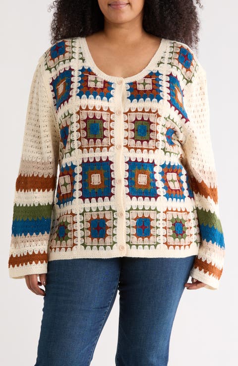 Crochet Granny Square Cardigan Sweater (Plus)
