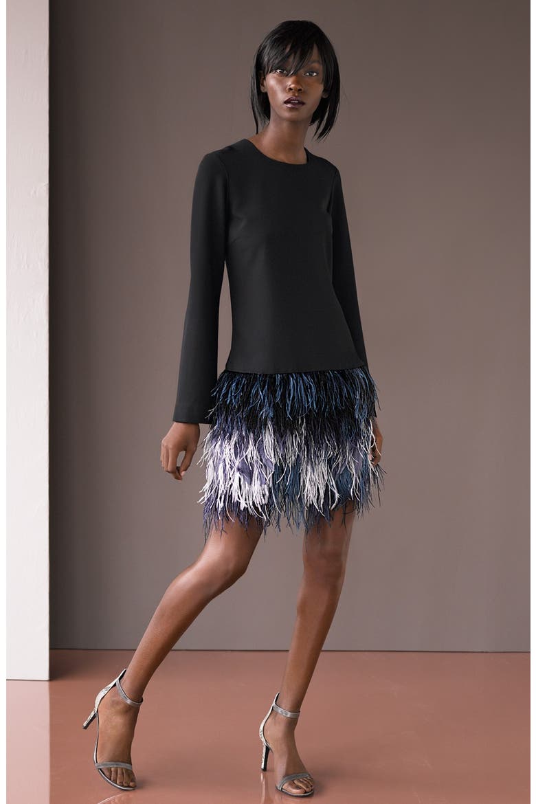 'Serena' Genuine Ostrich Feather Trim Dress, Alternate, color, BLACK/ OMBRE BLUE
