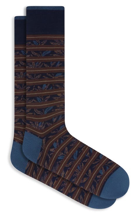 Stripe & Floral Mercerized Cotton Blend Dress Socks