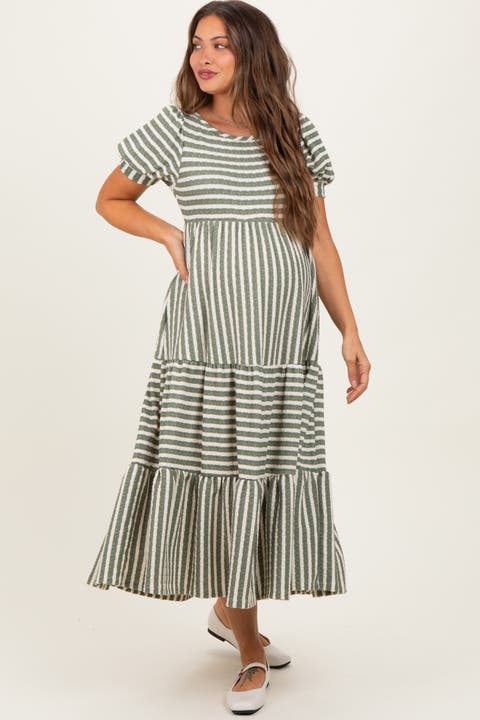 Striped Short Sleeve Tiered Maxi Dress