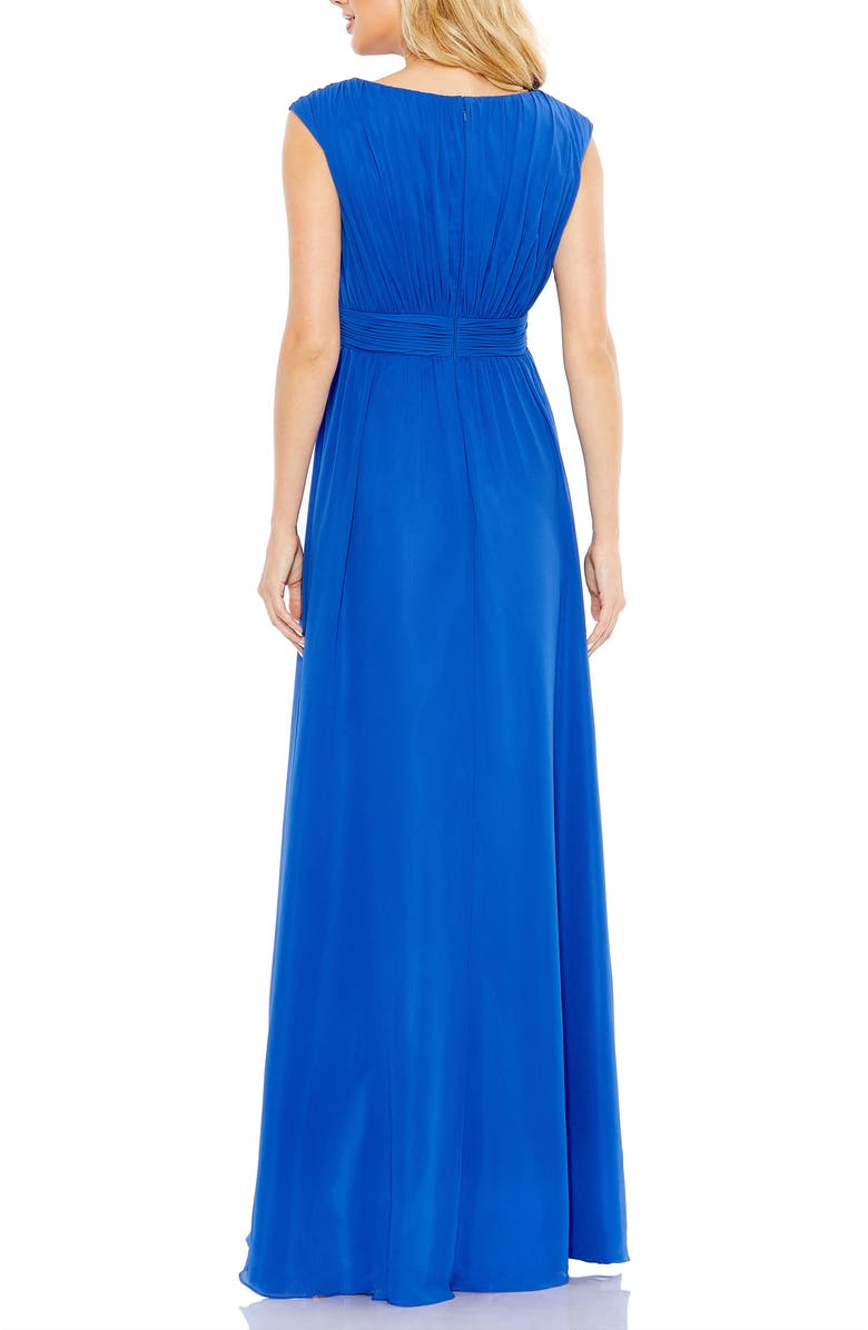 Mac Duggal Pleated Bateau Cap Sleeve A Line Gown, Alternate, color, Cobalt