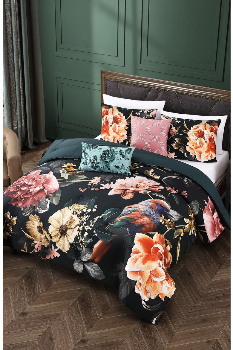Botanical Birds Reversible Cotton Sateen Comforter Set, Alternate, color, BLACK