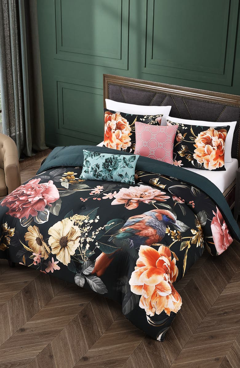 Bebejan Botanical Birds Reversible Cotton Sateen Comforter Set, Alternate, color, Black