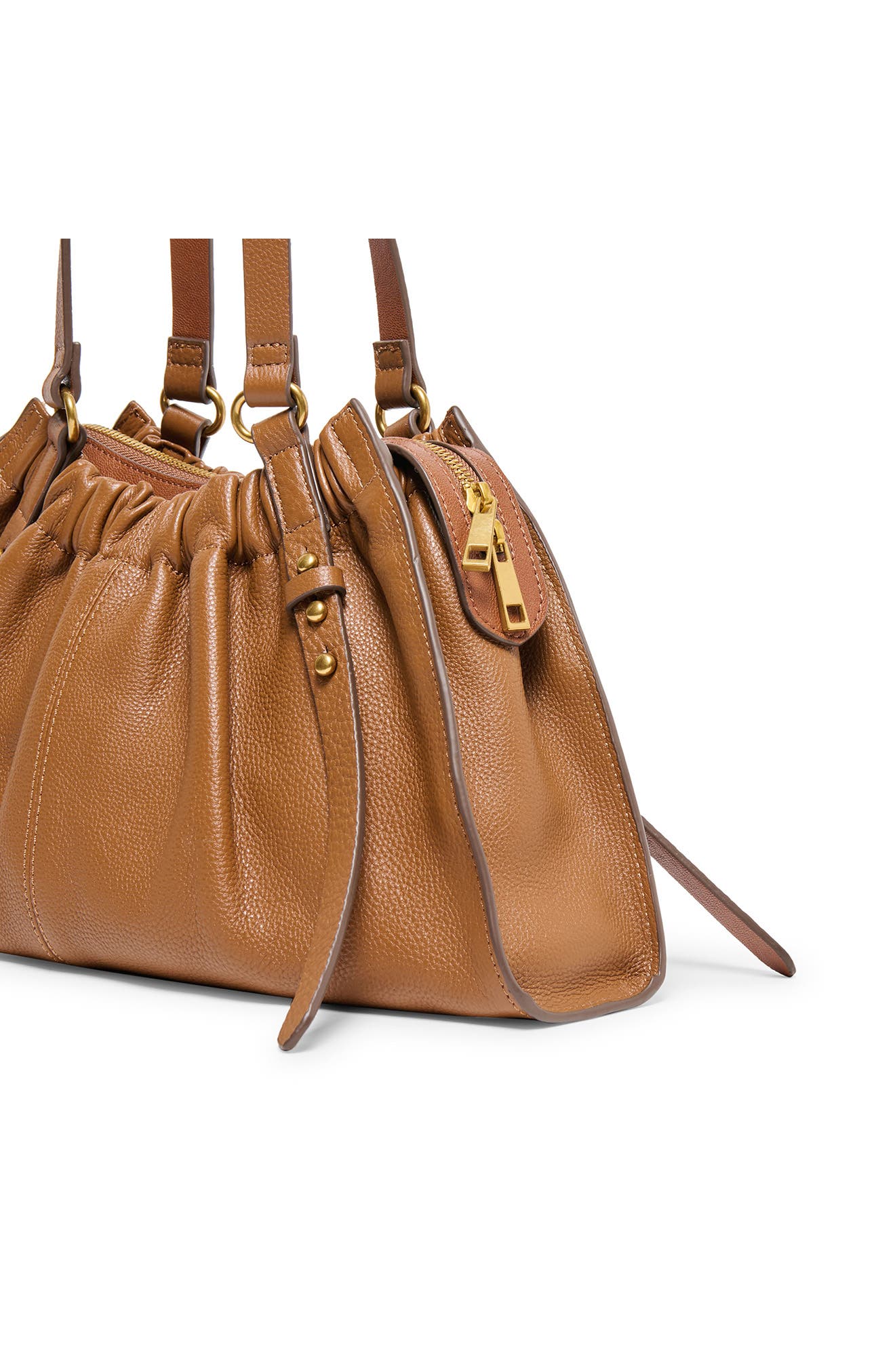 Sloan Ruched Leather Shoulder Bag, Alternate, color, COGNAC