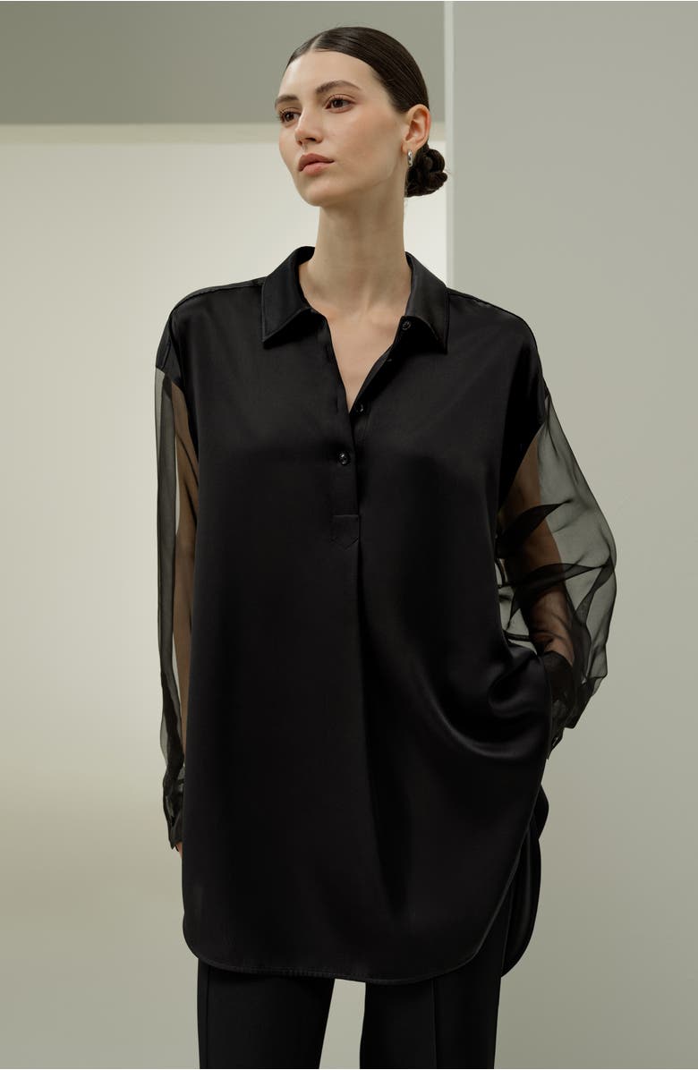 Lilysilk Women's Silk Blouse with Organza Sleeves, Alternate, color, Black