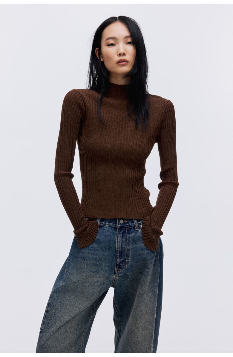 H&M Glittery Turtleneck Top, Alternate, color, Dark Brown