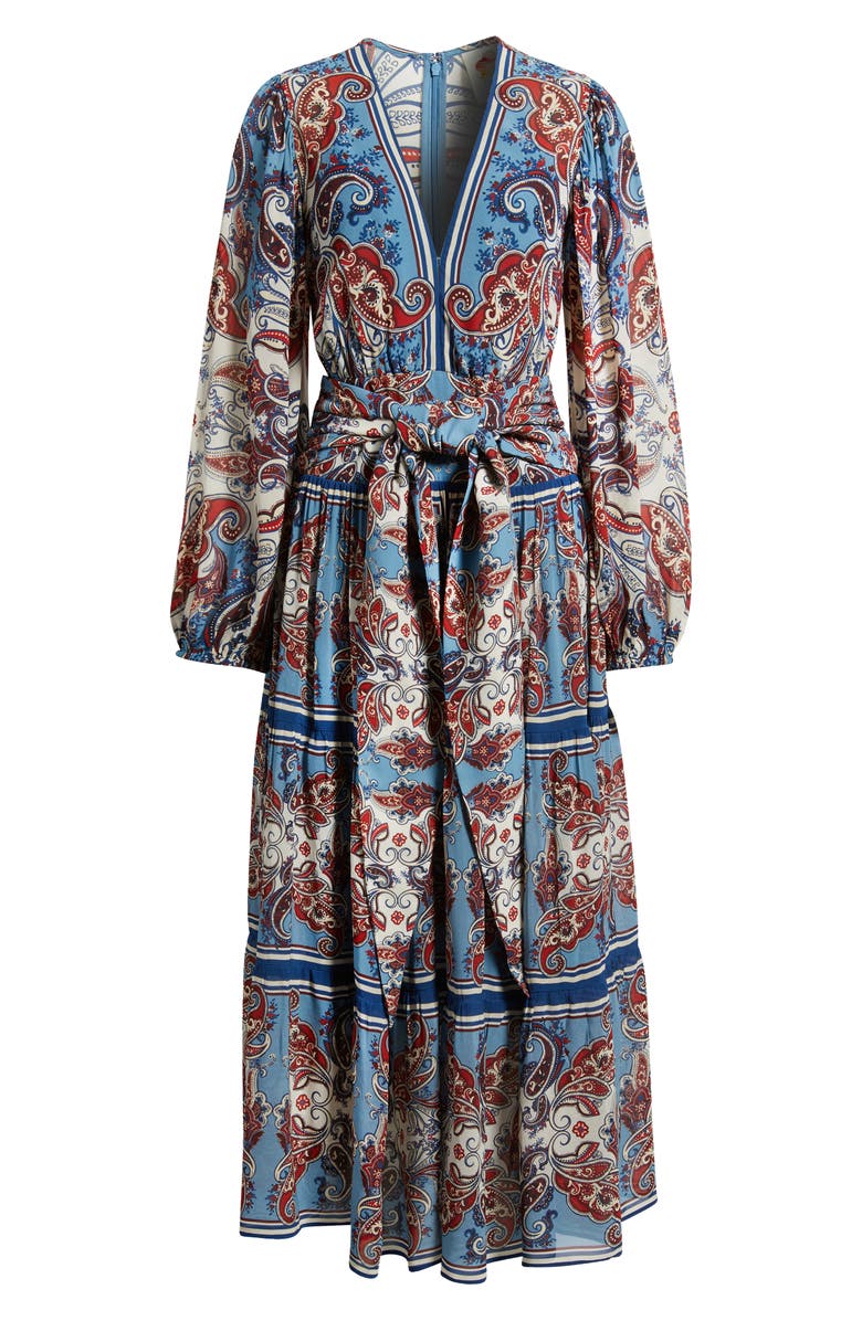 FARM Rio Paisley Scarf Print Long Sleeve Tiered Dress, Alternate, color, Paisley Scarf Cream