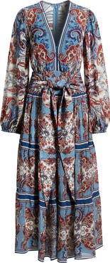 FARM Rio Paisley Scarf Print Long Sleeve Tiered Dress