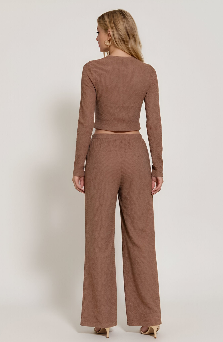 Modenaire Ribbed Long Sleeve Crop Top and Wide Leg Lounge Pants Set with Drawstring, Alternate, color, Brown
