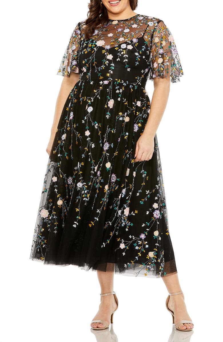 Mac Duggal Embellished Sequin Flutter Sleeve Illusion High Neck Midi Dress, Main, color, Black Multi