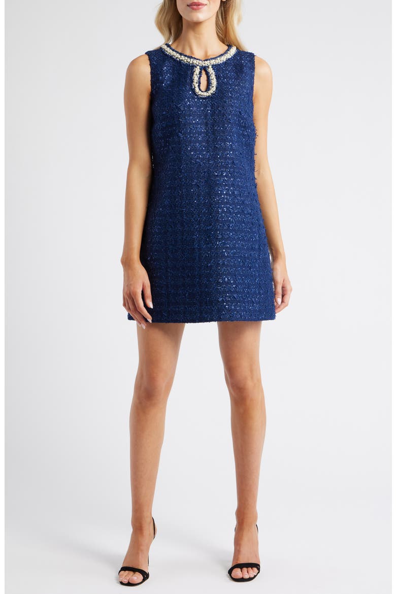 Ronan Embellished Tweed Skirted Romper, Main, color, NAVY AFTER PARTY
