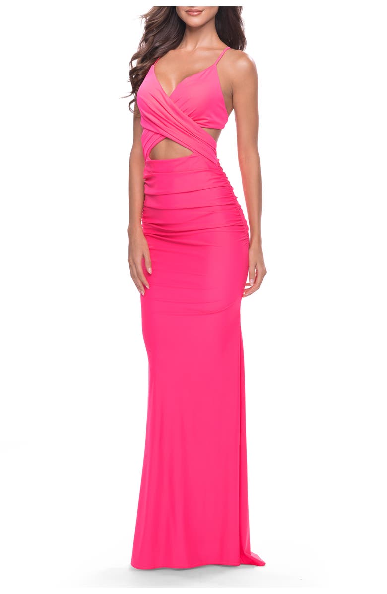 La Femme Cut Out Long Soft Jersey Dress with Criss Cross Bodice in Neon, Main, color, Neon Pink