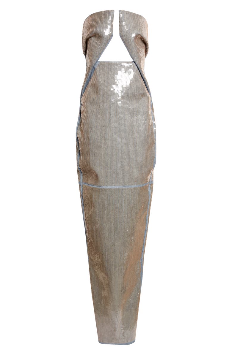 Rick Owens Temple Prong Sequin Stretch Denim Cutout Strapless Gown, Alternate, color, Blue/ Sand