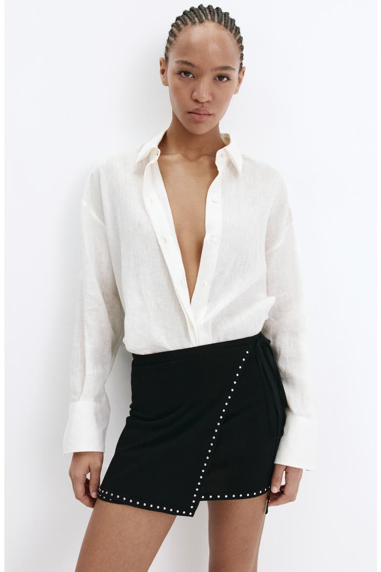 Studded Knit Wrap Miniskirt, Alternate, color, BLACK