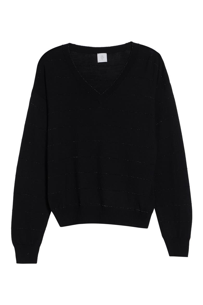 Metallic Stripe Wool V-Neck Sweater, Alternate, color, 22 BLACK
