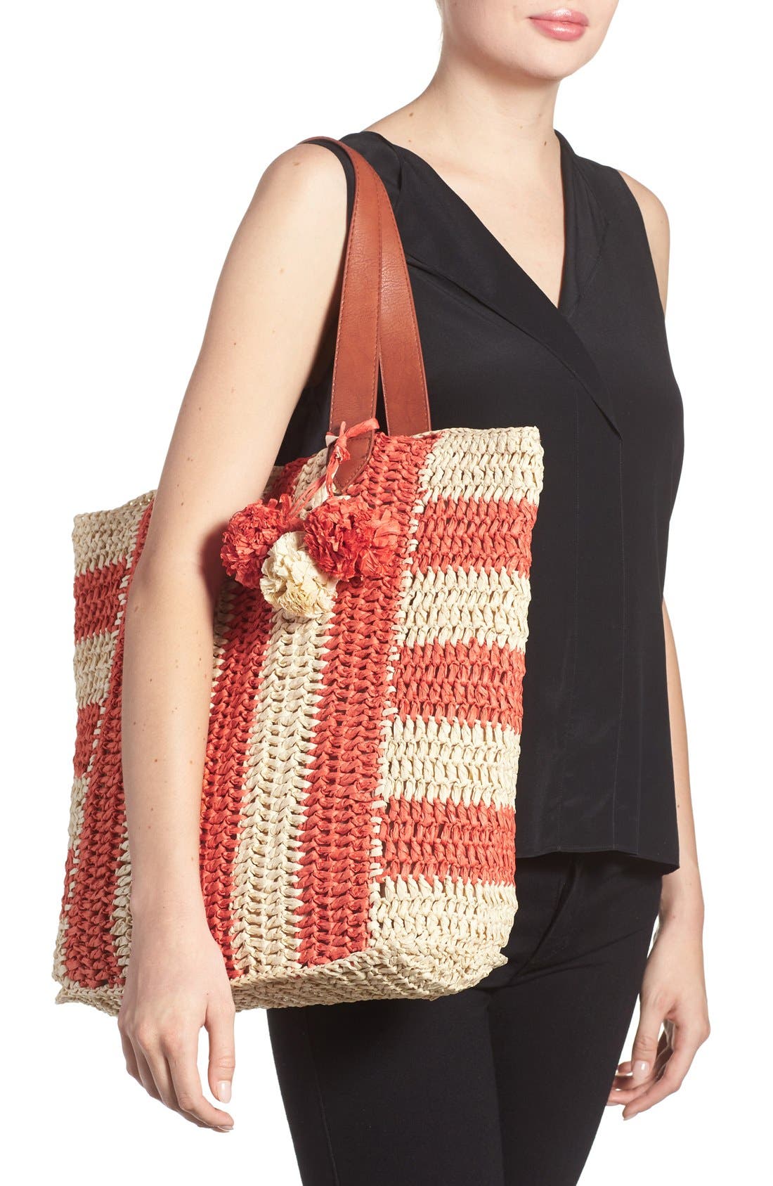 'Sherwood' Straw Beach Tote, Alternate, color, CORAL/ NATURAL