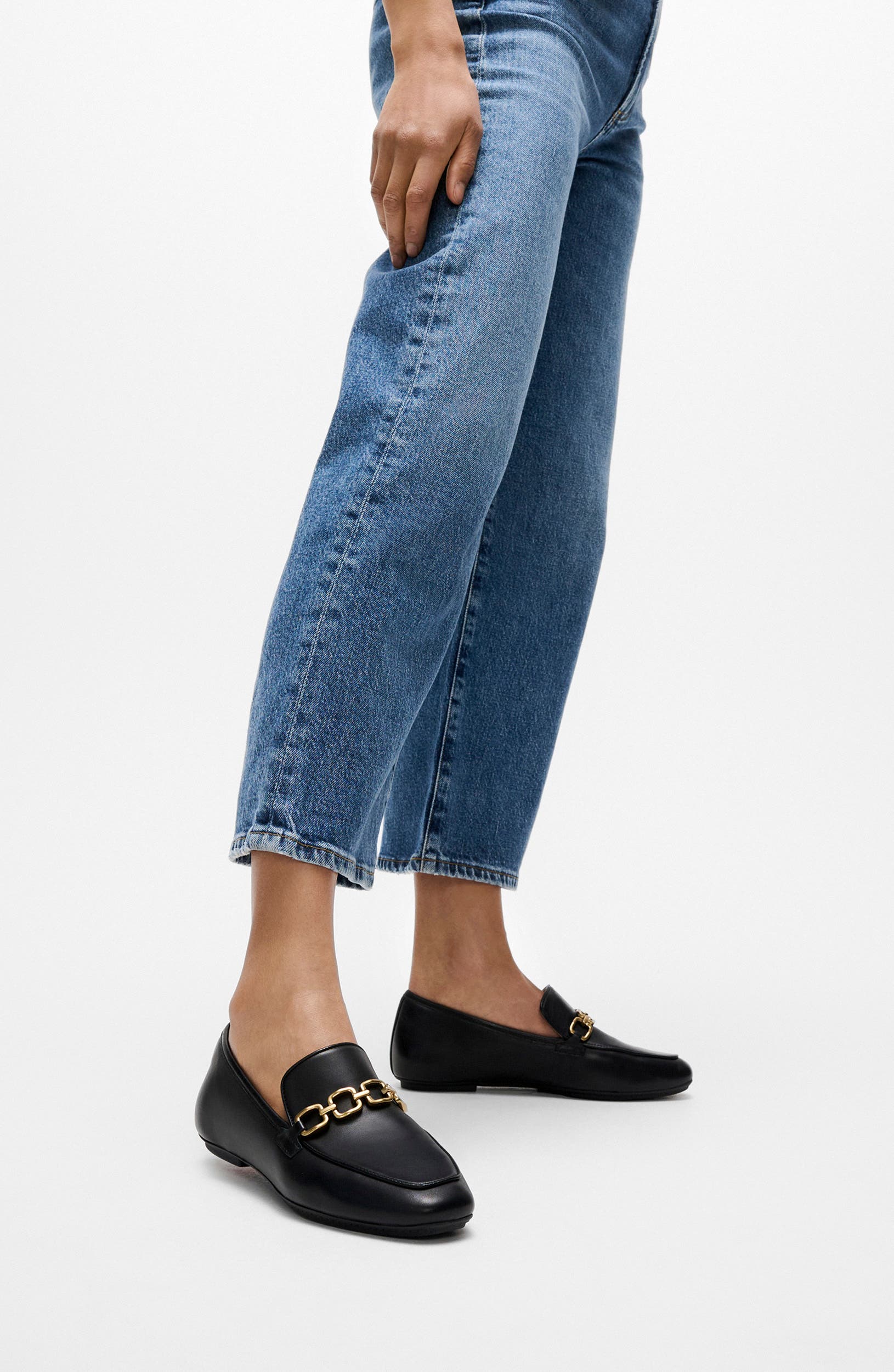 Delicato Square Chain Leather Loafer, Alternate, color, BLACK