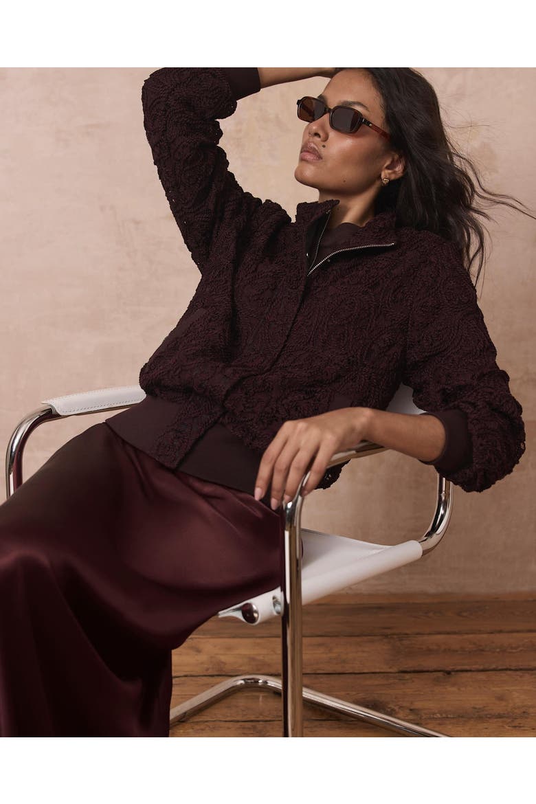 Embroidered Lace Bomber Jacket, Alternate, color, Burgundy
