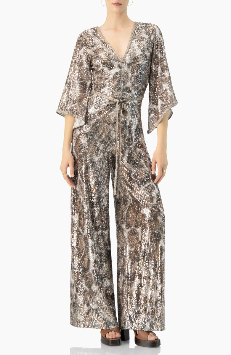IVONNE Sequin Wide-Leg, V-Neck Jumpsuit, Main, color, Copper
