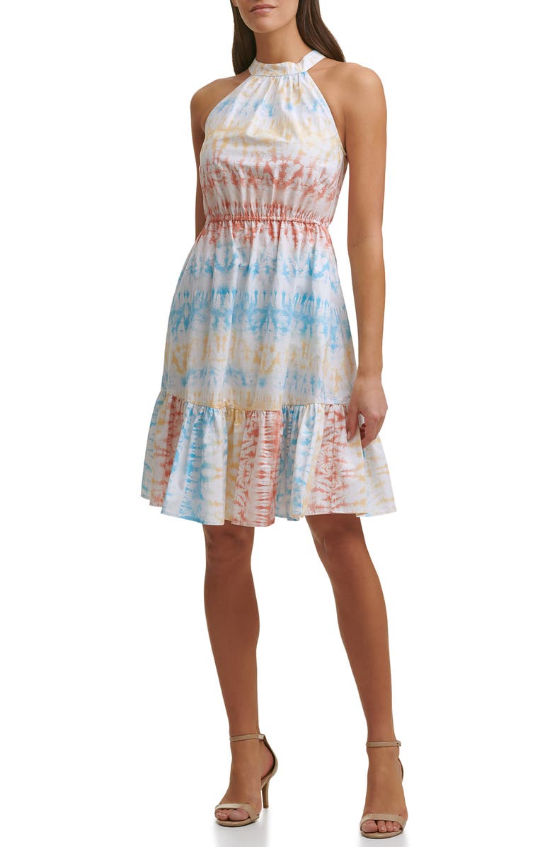 Kensie Tie Dye Sleeveless Cotton Fit & Flare Dress, Main, color, White Multi