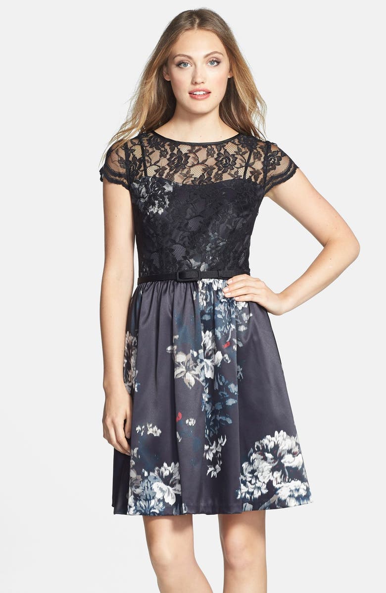 Ivy & Blu Print Satin Fit & Flare Dress, Main, color, 