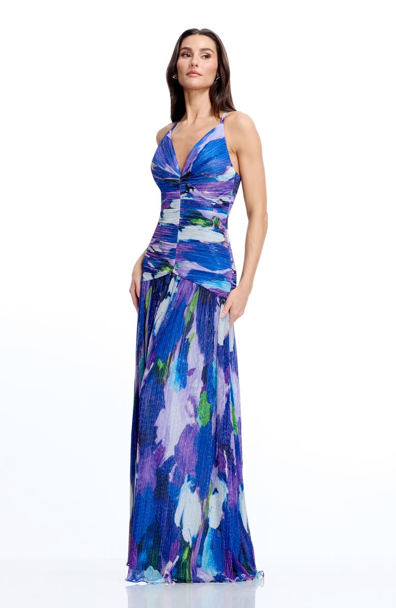 Dress the Population Elora Metallic Floral Gown, Alternate, color, Electric Blue Multi