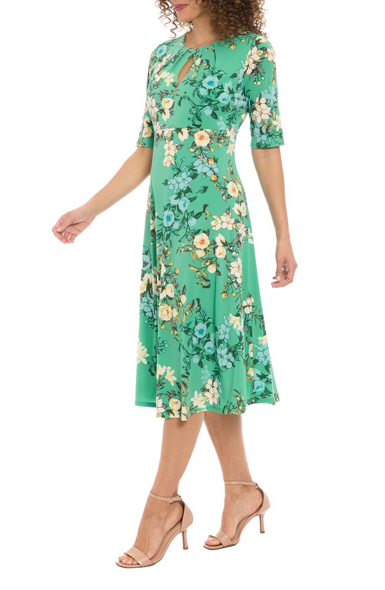 London Times Floral Elbow-Length Sleeve Keyhole Midi Dress, Alternate, color, Green/ Coral